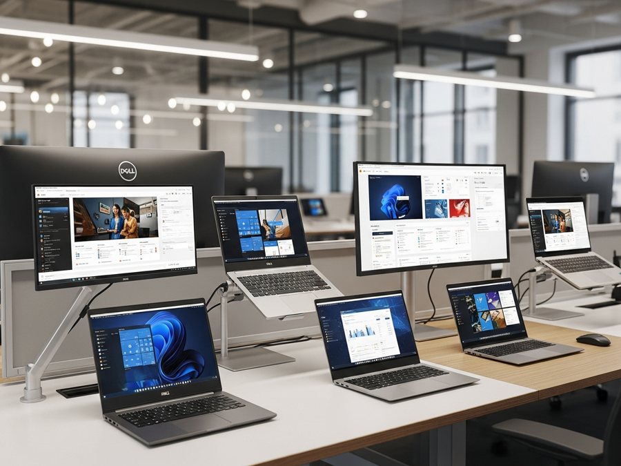 Oficina corporativa con laptops y monitores
