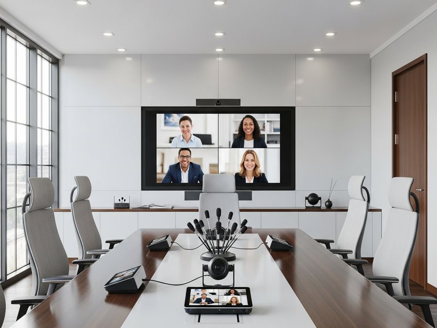 Sala de videoconferencia con pantalla grande